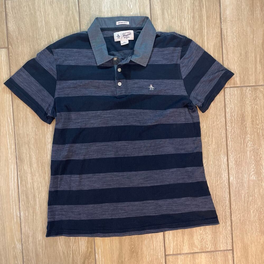 Original Penguin Polo Shirt Mens L Navy Blue Stripe Slim Fit Casual Golf